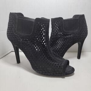 Pedro Garcia Bootie Heels 7.5 Black 37.5 Suede Laser Cut Outs Zip Open Toe